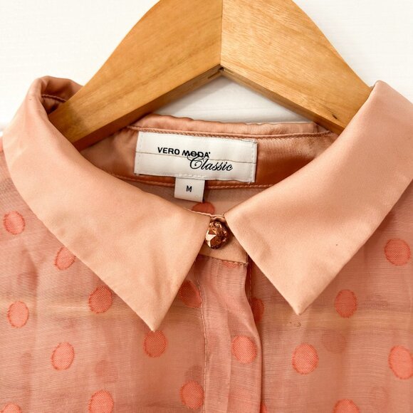 Vero Moda Classic Sheer Peach Polka Dot Blouse Jewel Button Medium - Picture 2 of 5